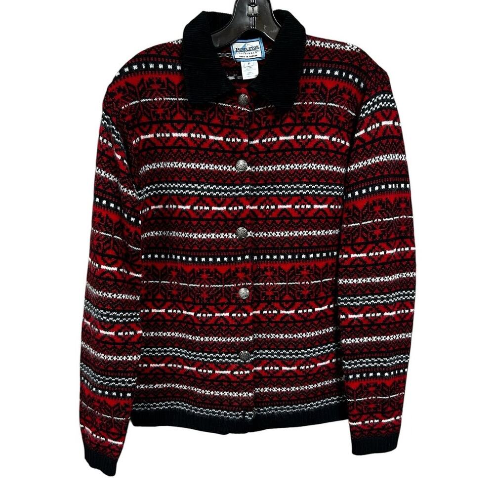 Vintage Pendleton Red Black Fair Isle Nordic Wool Cardigan Knit Sweater Small